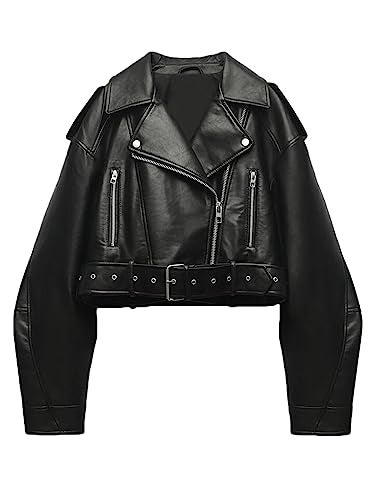 LY VAREY LIN Women Faux Leather Cropped Jacket Lapel Zipper Biker Short Coat with Belt - Image 1