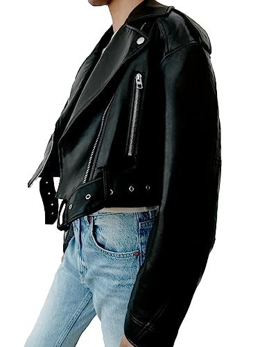LY VAREY LIN Women Faux Leather Cropped Jacket Lapel Zipper Biker Short Coat with Belt - Image 4