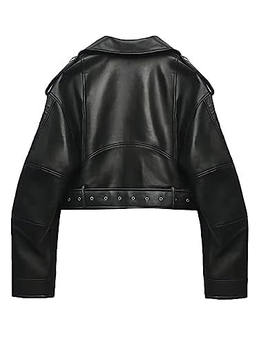 LY VAREY LIN Women Faux Leather Cropped Jacket Lapel Zipper Biker Short Coat with Belt - Image 3