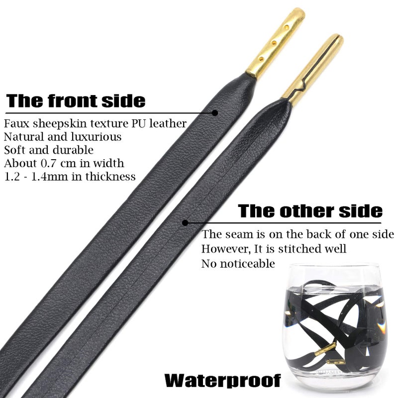 DELELE Flat PU Leather Laces: Waterproof Shoelaces for Sneakers Boot 2 Pair Black With Gold Aglet 55 inch - Image 4