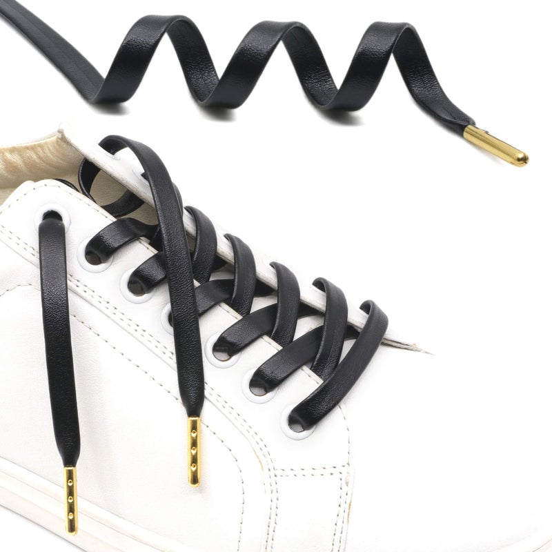DELELE Flat PU Leather Laces: Waterproof Shoelaces for Sneakers Boot 2 Pair Black With Gold Aglet 55 inch - Image 3