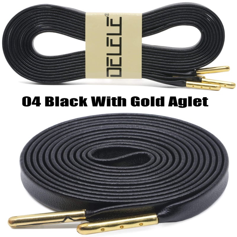 DELELE Flat PU Leather Laces: Waterproof Shoelaces for Sneakers Boot 2 Pair Black With Gold Aglet 55 inch - Image 2