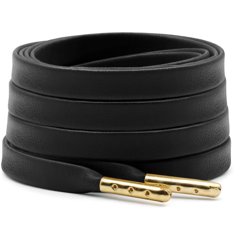 DELELE Flat PU Leather Laces: Waterproof Shoelaces for Sneakers Boot 2 Pair Black With Gold Aglet 55 inch - Image 1