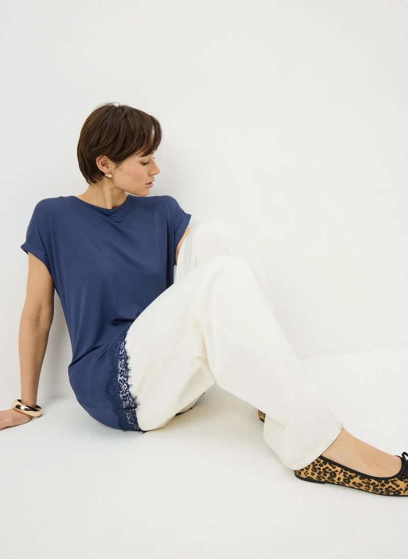 Matalan Navy Asymmetric Lace Trim Top