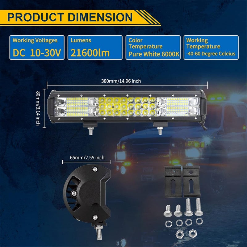RIGIDON ريجيدون 38 سم 216 واط شريط مصباح عمل LED، 12 فولت 24 فولت شريط منحدر 4x4 LED، مقاوم للماء IP67 للطرق الوعرة، سيارات، شاحنات، جرارات، ضوء ضباب 6000 كلفن موسمي ودائم - Image 2