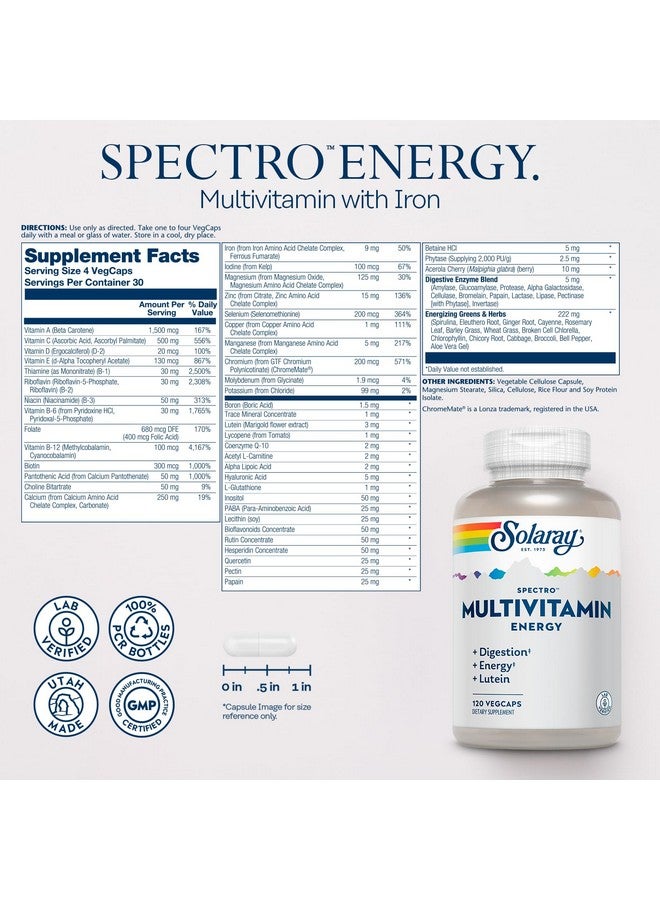 SOLARAY Spectro Energy Multivitamin for Women and Men - Cellular Energy, Digestion, Eye Health and Immune Support - w/Vitamin A, Vitamin B Complex, CoQ10, Iron, Enzymes, Lutein - 30 Serv, 120 VegCaps - Image 2