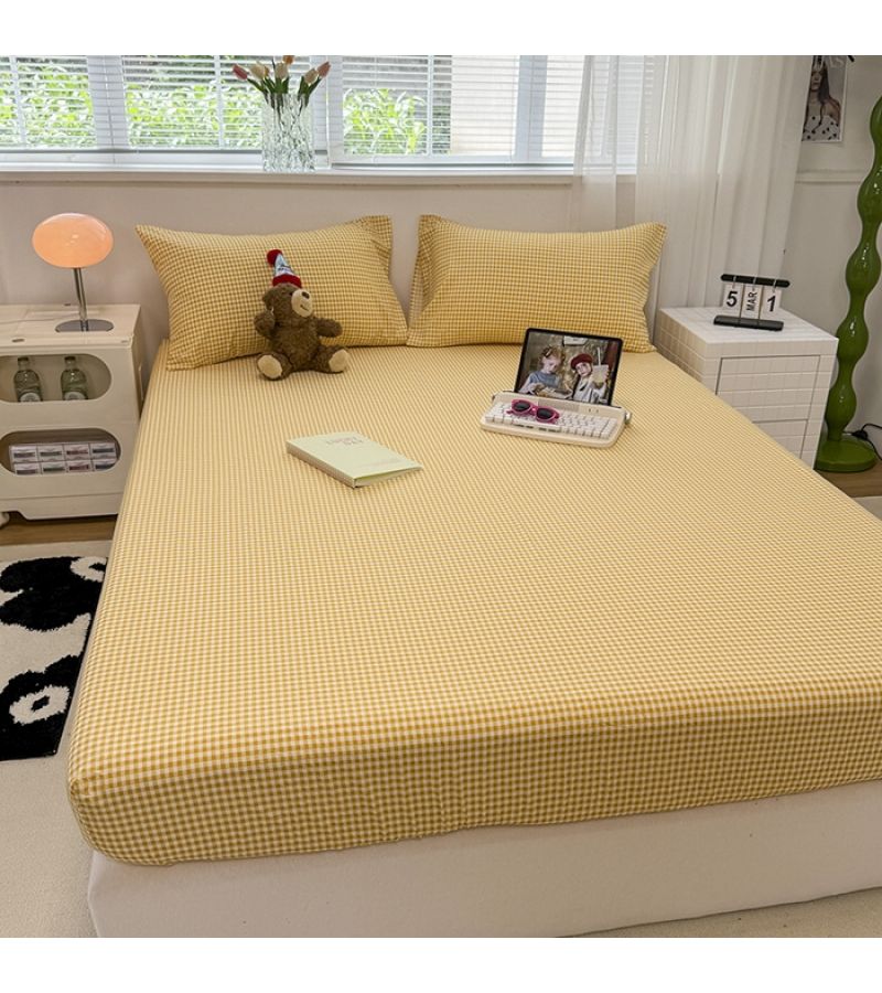 Tuscan Honey Check Bed Sheet and Pillowcase 2 3pcs Set Light Yellow Small Grid Breathable Skin Fitted Sheet Fabric Non Shedding Machine Washable Non Slip Easy Organize All Year Round - Image 2