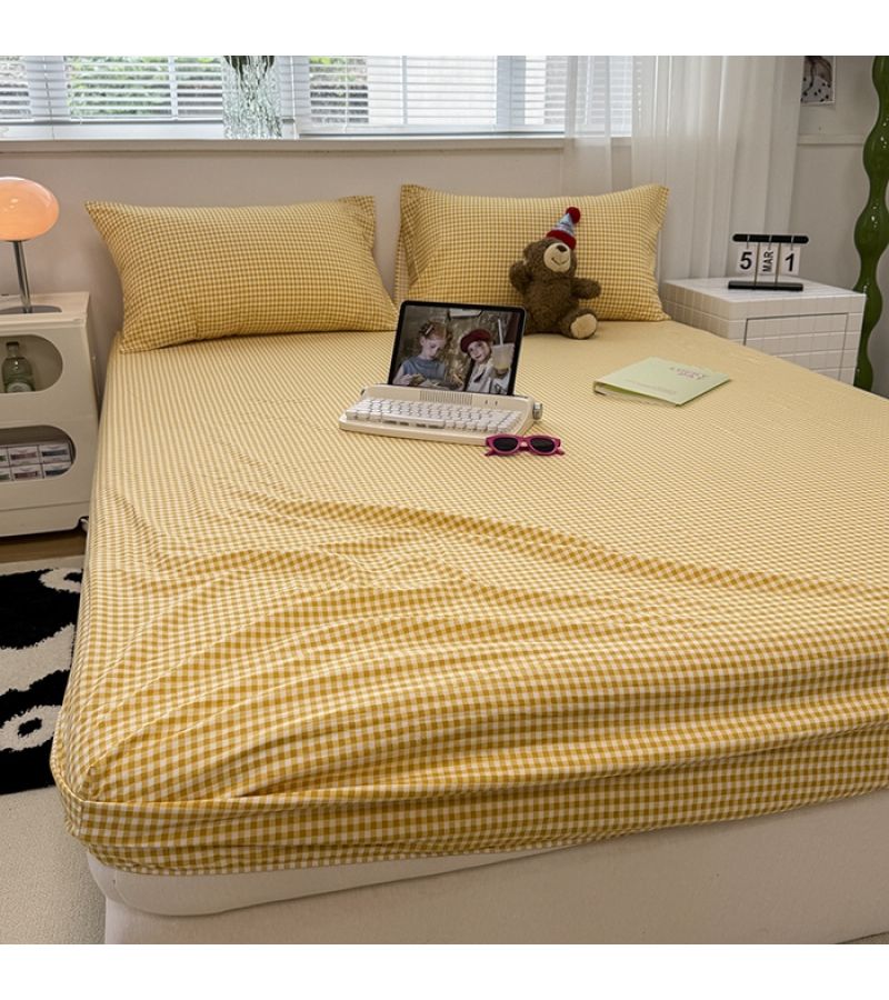 Tuscan Honey Check Bed Sheet and Pillowcase 2 3pcs Set Light Yellow Small Grid Breathable Skin Fitted Sheet Fabric Non Shedding Machine Washable Non Slip Easy Organize All Year Round - Image 1