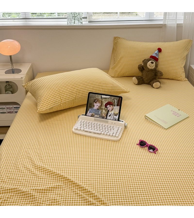 Tuscan Honey Check Bed Sheet and Pillowcase 2 3pcs Set Light Yellow Small Grid Breathable Skin Fitted Sheet Fabric Non Shedding Machine Washable Non Slip Easy Organize All Year Round - Image 5
