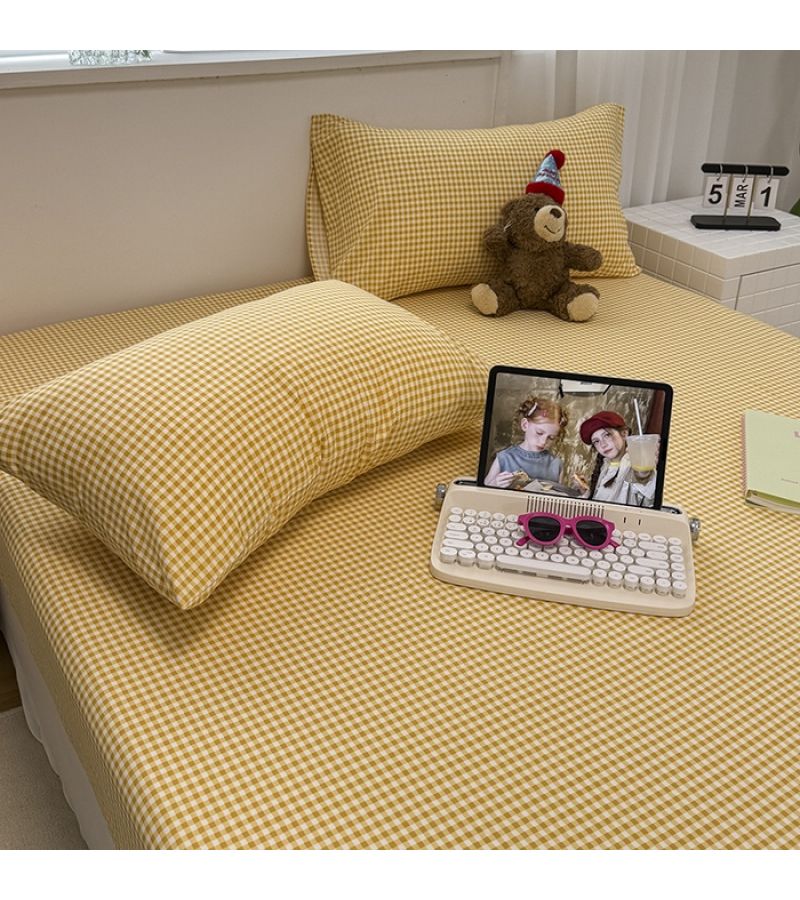 Tuscan Honey Check Bed Sheet and Pillowcase 2 3pcs Set Light Yellow Small Grid Breathable Skin Fitted Sheet Fabric Non Shedding Machine Washable Non Slip Easy Organize All Year Round - Image 4