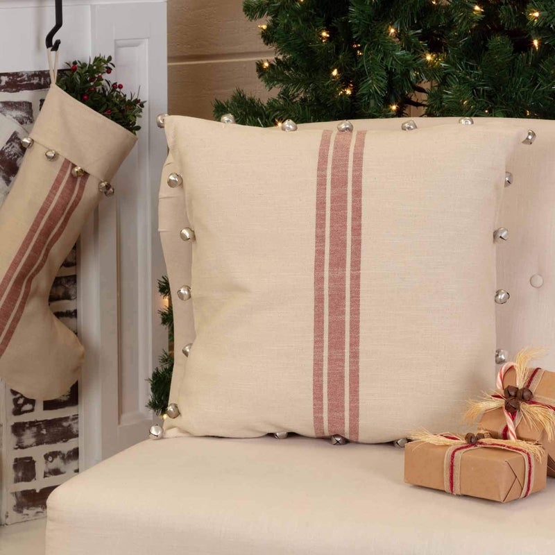 Piper Classics Sleigh Bells Ring Grain Sack Stripe Throw Pillow Cover  20"" x 20""  Farmhouse Christmas Red & Cream w/Bells  Christmas  Country Holiday D?cor  - Image 1