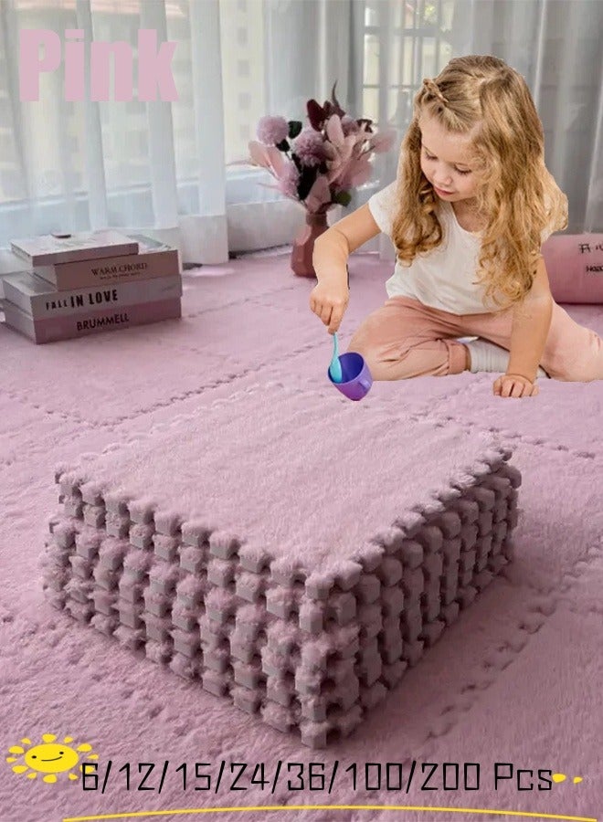 6/12/15/24/36/100/200 Tiles Bulk Foam Play Mat Interlocking Carpet Tiles Baby Play Mat Short Coral Fleece Plush Puzzle Foam Floor Mat For Kids Play Area Home Bedroom Parlor(Pink) - Image 1