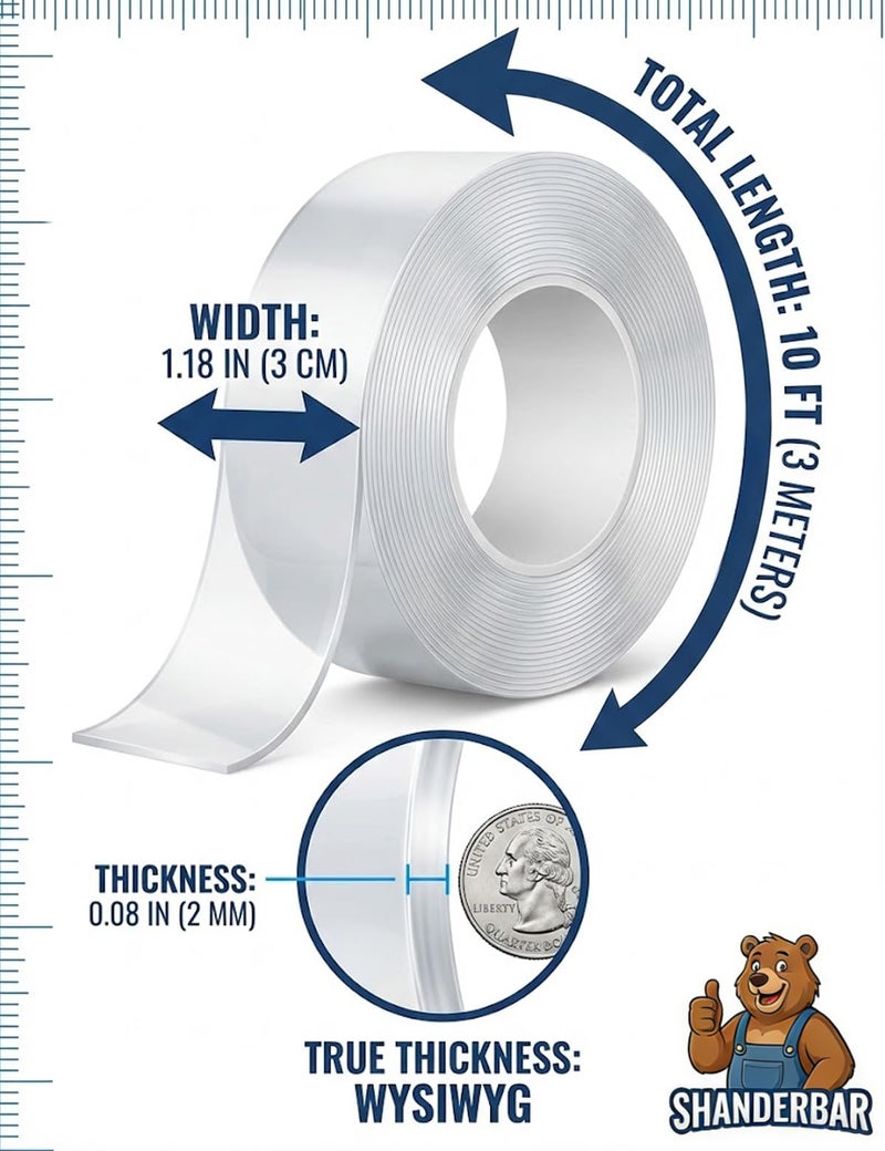 SHANDERBAR Nano Double Sided Tape Heavy Duty - 9.8ft Removable Clear Mounting Tape for Walls, Carpet, Rug & DIY â€“ Strong Two Sided Adhesive Tape â€“ No Residue, Washable, Traceless - Image 2