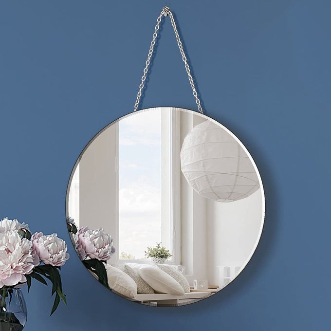 ROUND SILVER MIRROR WITH IRON CHAIN FOR WALL DECOR DIAMETER CIRCLE 115 INCH WALL HANG FRAME LESS MIRROR SMALL HANDICRAFT MIRROR