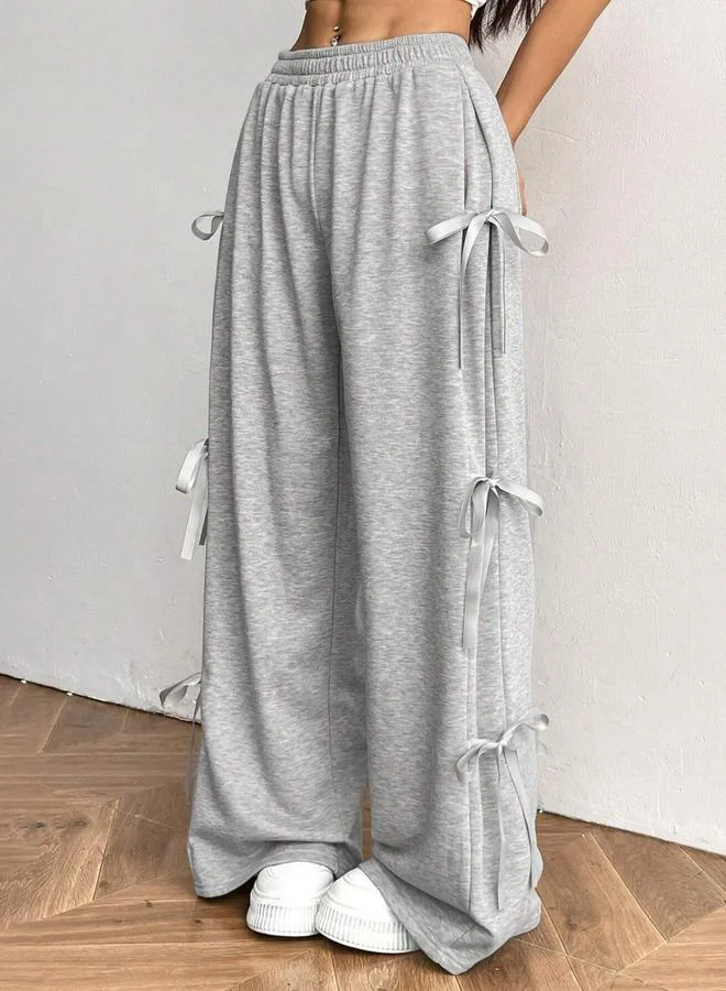 Take Two Solid Bow Detail Elastic Waist Wide Leg Pants