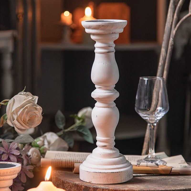 Farmhouse Rustic Candle Holder for Pillar Candle Vintage White Wooden Pillar Candle Holder Vintage Candlestick Holder for Dining Table Coffee Table Or Any Table Top 1Piece 47 x 47 x 16
