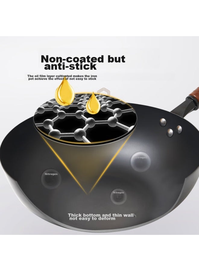 Jitiechui Flat Bottom Iron Wok, Non-stick, Traditional Cast Iron Pan, Suitable For Gas Stoves, Home Use, Uncoated, 32cm, With Free Lid - Image 2