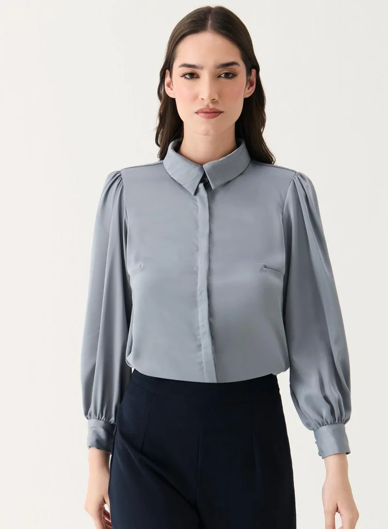 Zigzag Long Sleeve Collared Gray Shirt