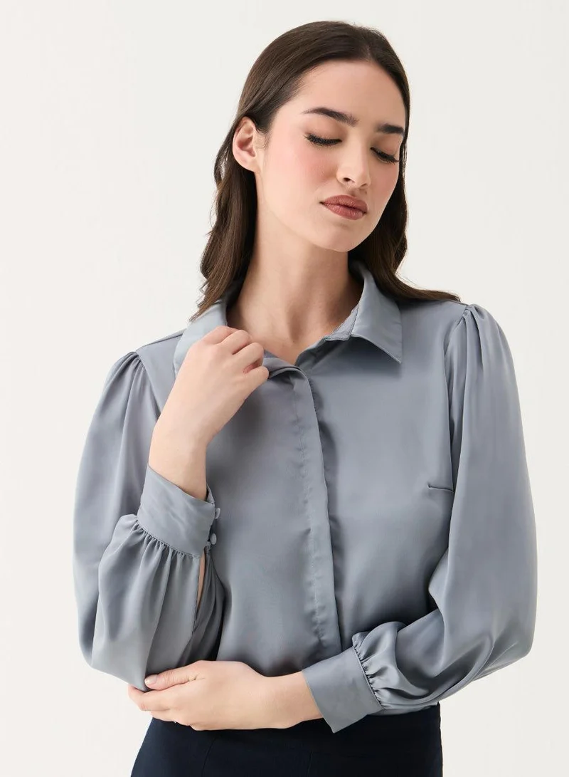 Zigzag Long Sleeve Collared Gray Shirt