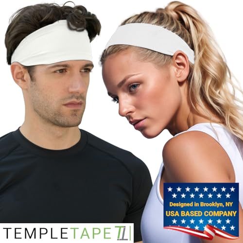 Temple Tape Headbands for Men and Women - Mens Sweatband & Sports Headband Moisture Wicking Workout Sweatbands for Running, Cross Training, Yoga and Bike Helmet Friendly - White - Image 3