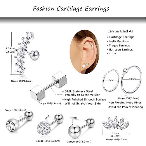 YADOCA 13 Pairs Stainless Steel Cartilage Stud Earrings for Men Women - Helix Tragus Conch Piercing Jewelry Earrings Hoop - Image 2