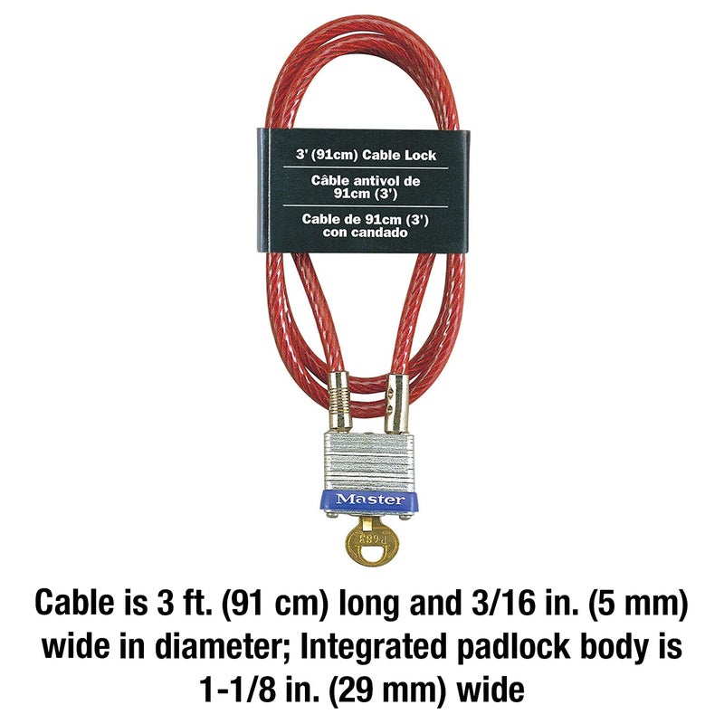 Master Lock Master Lock 719D Steel Cable with Integrated Outdoor Padlock with Key, 1 Pack, Silver, 3' Long x 3/16' Diameter  - Image 5