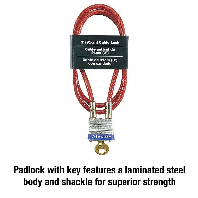Master Lock Master Lock 719D Steel Cable with Integrated Outdoor Padlock with Key, 1 Pack, Silver, 3' Long x 3/16' Diameter  - Image 4