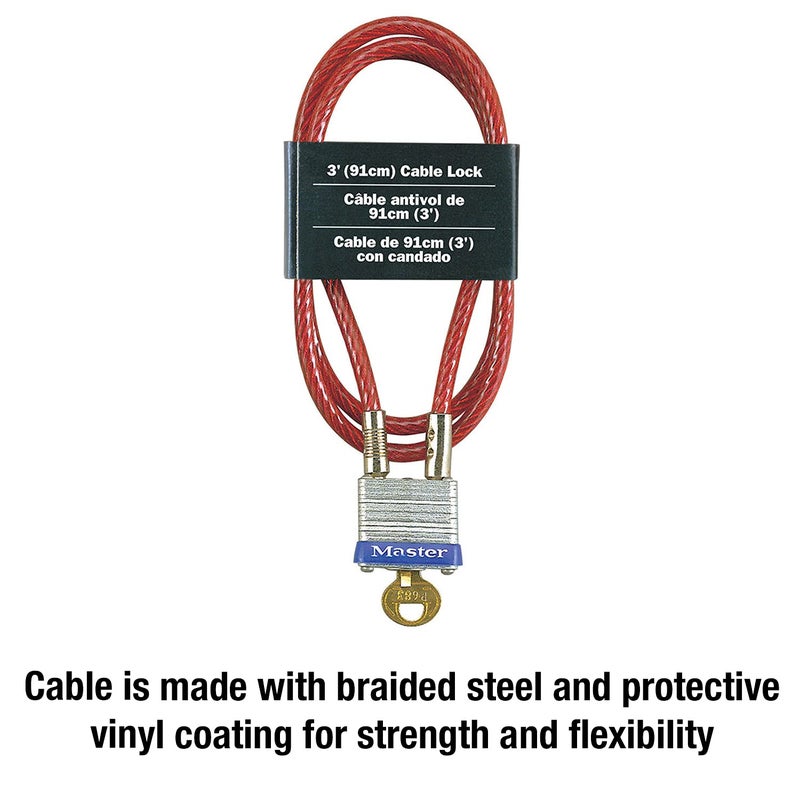 Master Lock Master Lock 719D Steel Cable with Integrated Outdoor Padlock with Key, 1 Pack, Silver, 3' Long x 3/16' Diameter  - Image 3