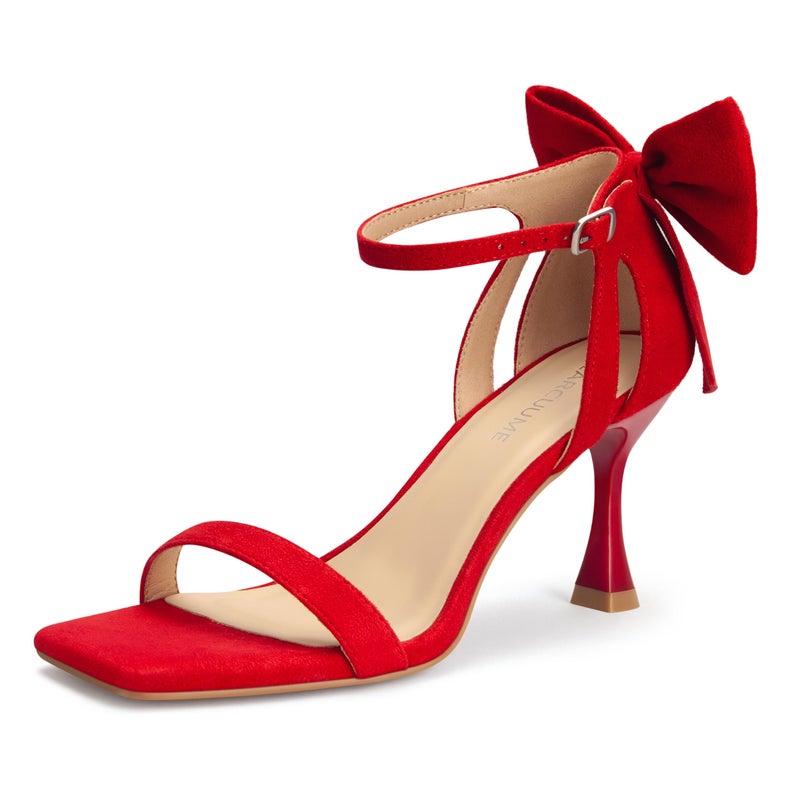 Carcuume Women's Square Toe Heels Bow Tie Ankle Strap Heel Sandals Open Toe Wedding Shoes, ZETA-RED-9 - Image 1