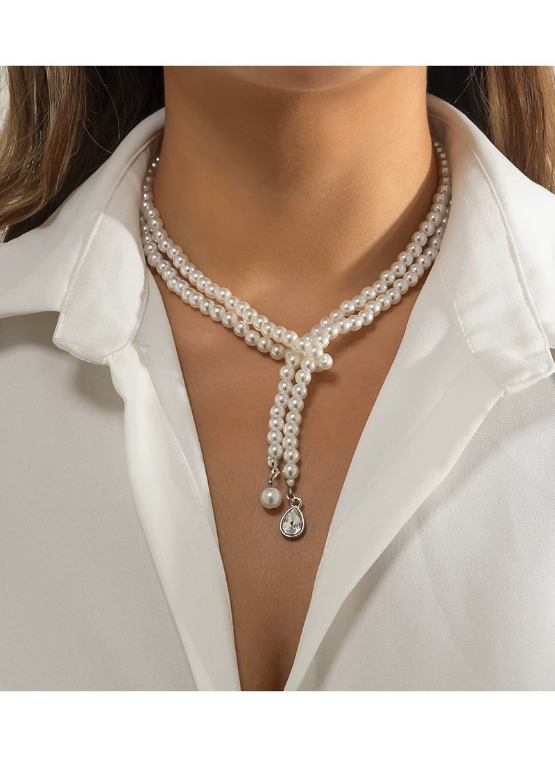 Goolsky Elegant Double Layer Beaded Necklace with Faux Pearls & Teardrop Rhinestone Pendant - Image 1