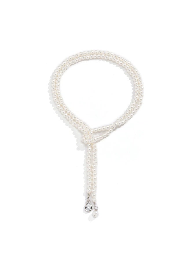 Goolsky Elegant Double Layer Beaded Necklace with Faux Pearls & Teardrop Rhinestone Pendant - Image 3