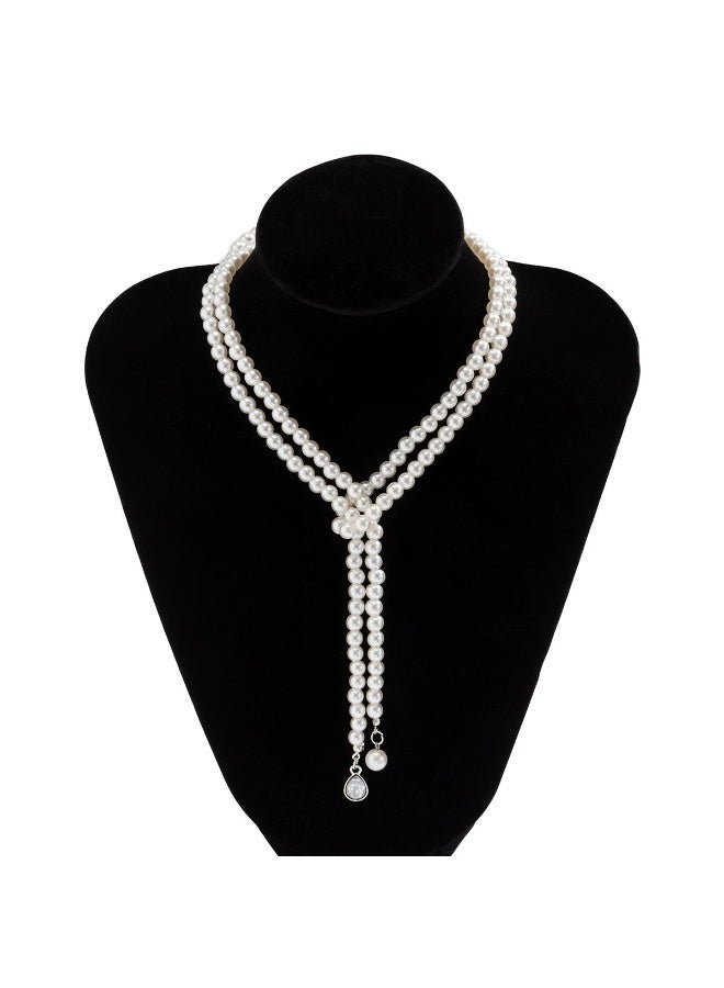 Goolsky Elegant Double Layer Beaded Necklace with Faux Pearls & Teardrop Rhinestone Pendant - Image 4