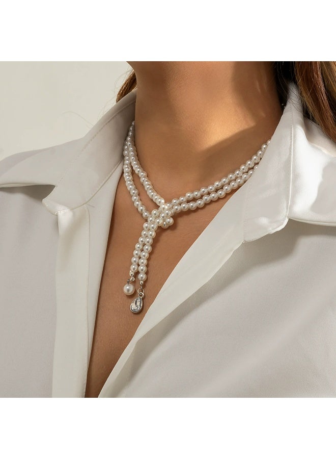 Goolsky Elegant Double Layer Beaded Necklace with Faux Pearls & Teardrop Rhinestone Pendant - Image 2