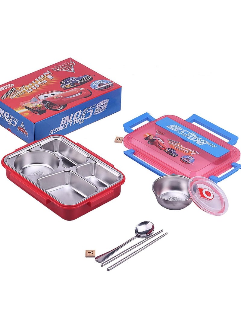 TOMSHOO Kids Lunch Box with Tableware,Customed for Kids Cartoon Bento Lunch Box，1100ml 4 compartment Insulated Lunch Box for Children | Leakproof | BFA Free | Dishwasher | Stainless Steel 26x20x7cm (Cars) - Image 1