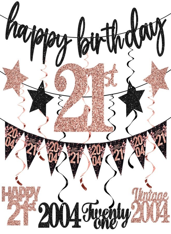 Guiruiy 12PCS 21st Birthday Decorations for Girls Women, Rose Gold Vintage 2004 Happy 21st Birthday Banner Triangle Flag Banner Glitter Hanging Swirls Party Supplies, Cheers to 21 Years Old Bday Decor - Image 1