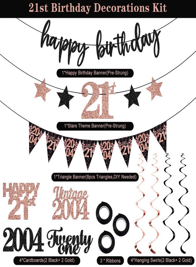 Guiruiy 12PCS 21st Birthday Decorations for Girls Women, Rose Gold Vintage 2004 Happy 21st Birthday Banner Triangle Flag Banner Glitter Hanging Swirls Party Supplies, Cheers to 21 Years Old Bday Decor - Image 4