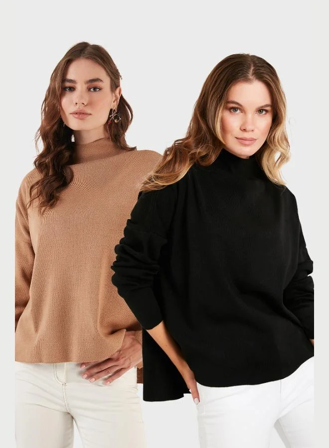 Lela Lela Cotton Long Back Standing Collar 2-Pack Knitwear Sweater Women's SWEATER 4615002S2