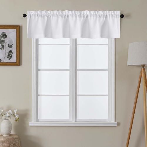 Lecloud White Valance for Window Curtains 12 Inch Length, Light Filtering Modern Small Kitchen Curtain, Short Burlap Farmhouse Drapes with Rods Pocket for Cafe Bedroom Camper Cabinet, 60" W x 12" L - Image 1