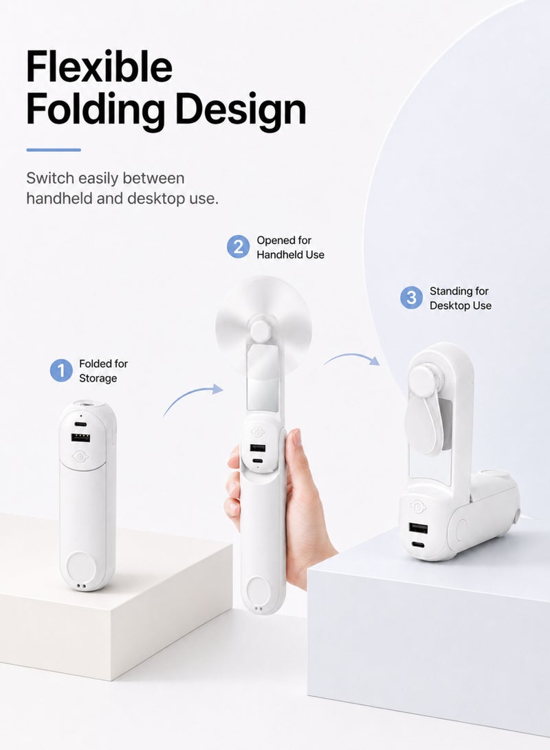5 in 1 Rechargeable Handheld Mini Fan, Foldable Portable Fan with Power Bank Function, Mirror, Flashlight, 3 Adjustable Speeds, Compact Design for Outdoor, Travel, Office Use - Image 4