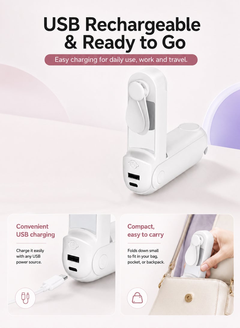 5 in 1 Rechargeable Handheld Mini Fan, Foldable Portable Fan with Power Bank Function, Mirror, Flashlight, 3 Adjustable Speeds, Compact Design for Outdoor, Travel, Office Use - Image 3