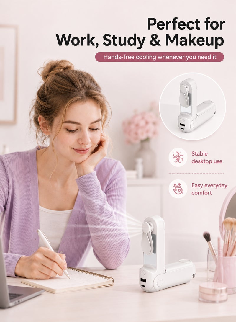 5 in 1 Rechargeable Handheld Mini Fan, Foldable Portable Fan with Power Bank Function, Mirror, Flashlight, 3 Adjustable Speeds, Compact Design for Outdoor, Travel, Office Use - Image 5