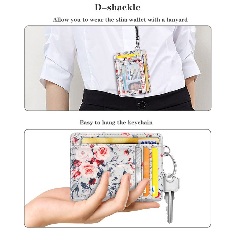 Coco Rossi Slim Front Pocket Wallet RFID ID Card Holder Cute Small Wallet with Keychian for Women,Grey Flowers - Image 5