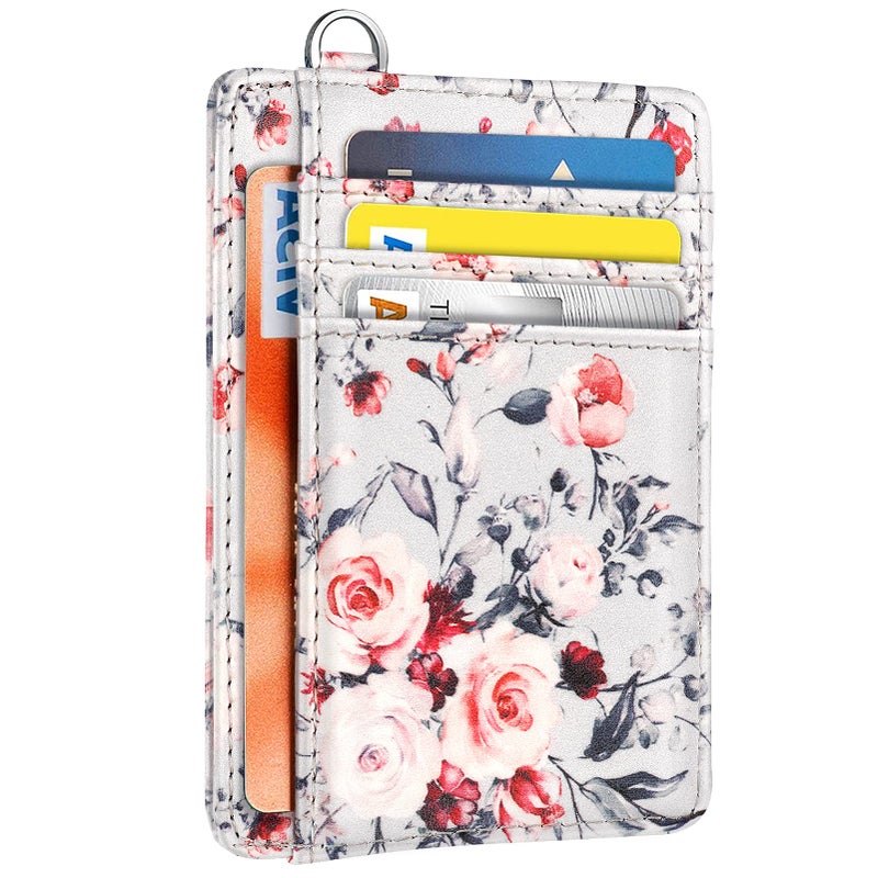 Coco Rossi Slim Front Pocket Wallet RFID ID Card Holder Cute Small Wallet with Keychian for Women,Grey Flowers - Image 1