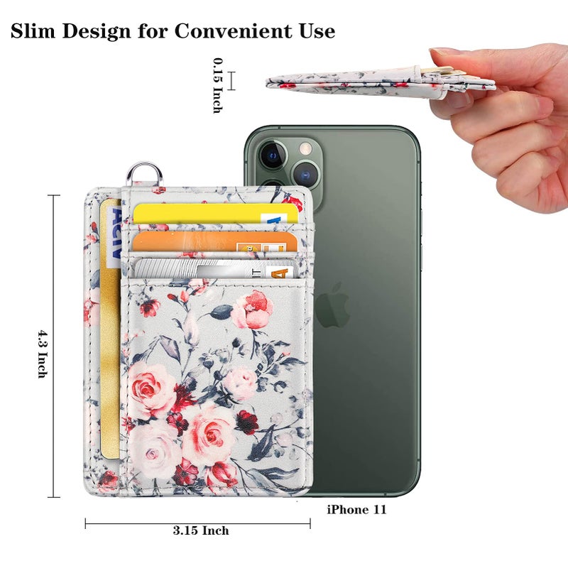 Coco Rossi Slim Front Pocket Wallet RFID ID Card Holder Cute Small Wallet with Keychian for Women,Grey Flowers - Image 4
