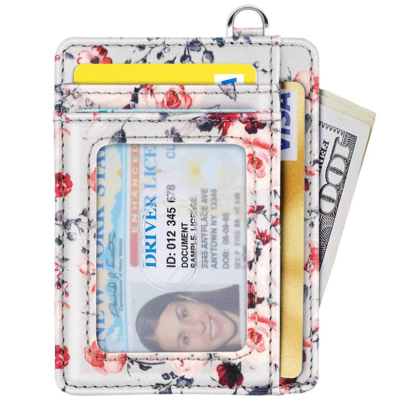 Coco Rossi Slim Front Pocket Wallet RFID ID Card Holder Cute Small Wallet with Keychian for Women,Grey Flowers - Image 2