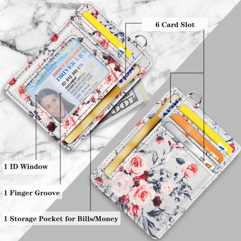 Coco Rossi Slim Front Pocket Wallet RFID ID Card Holder Cute Small Wallet with Keychian for Women,Grey Flowers - Image 3