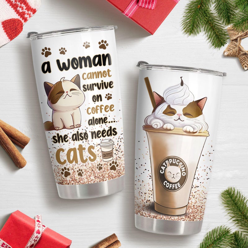 34HD Funny Cat Mom Valentine Gifts for Women, Catpuccino Coffee Tumbler 20 oz, Travel Mug for Cat Lovers, Galentine's Day Present for Friend Co-worker - Image 2
