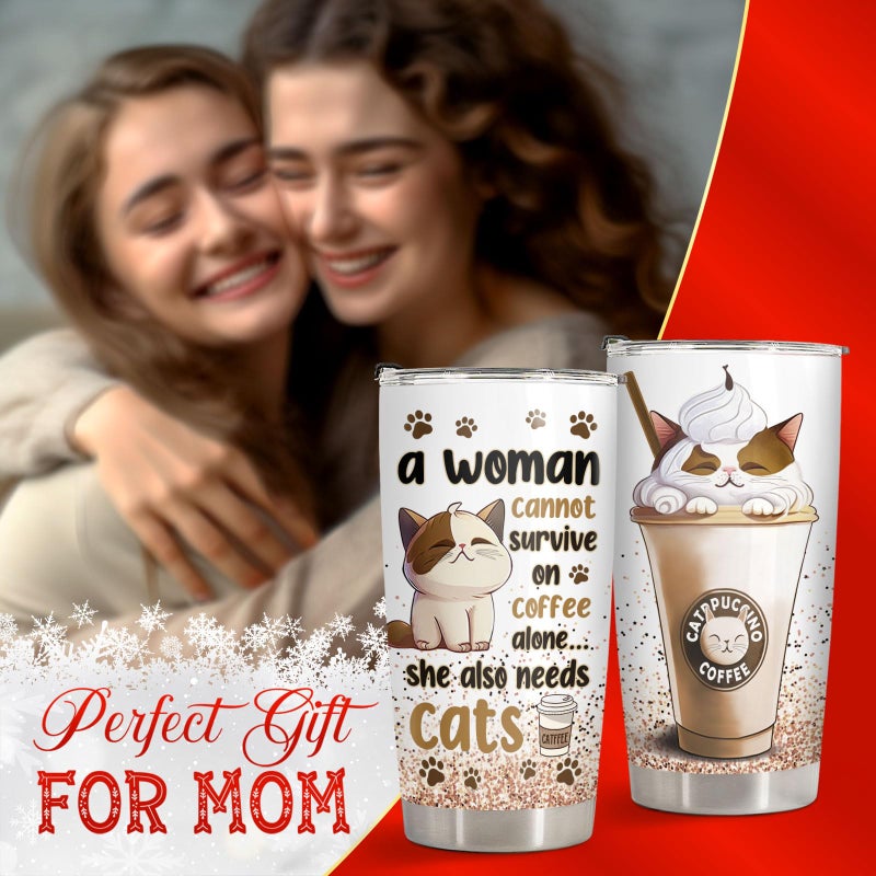 34HD Funny Cat Mom Valentine Gifts for Women, Catpuccino Coffee Tumbler 20 oz, Travel Mug for Cat Lovers, Galentine's Day Present for Friend Co-worker - Image 5