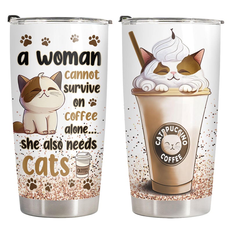 34HD Funny Cat Mom Valentine Gifts for Women, Catpuccino Coffee Tumbler 20 oz, Travel Mug for Cat Lovers, Galentine's Day Present for Friend Co-worker - Image 1