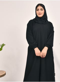 Plain black abaya with snap closure, ruffled sleeves and hidden pockets